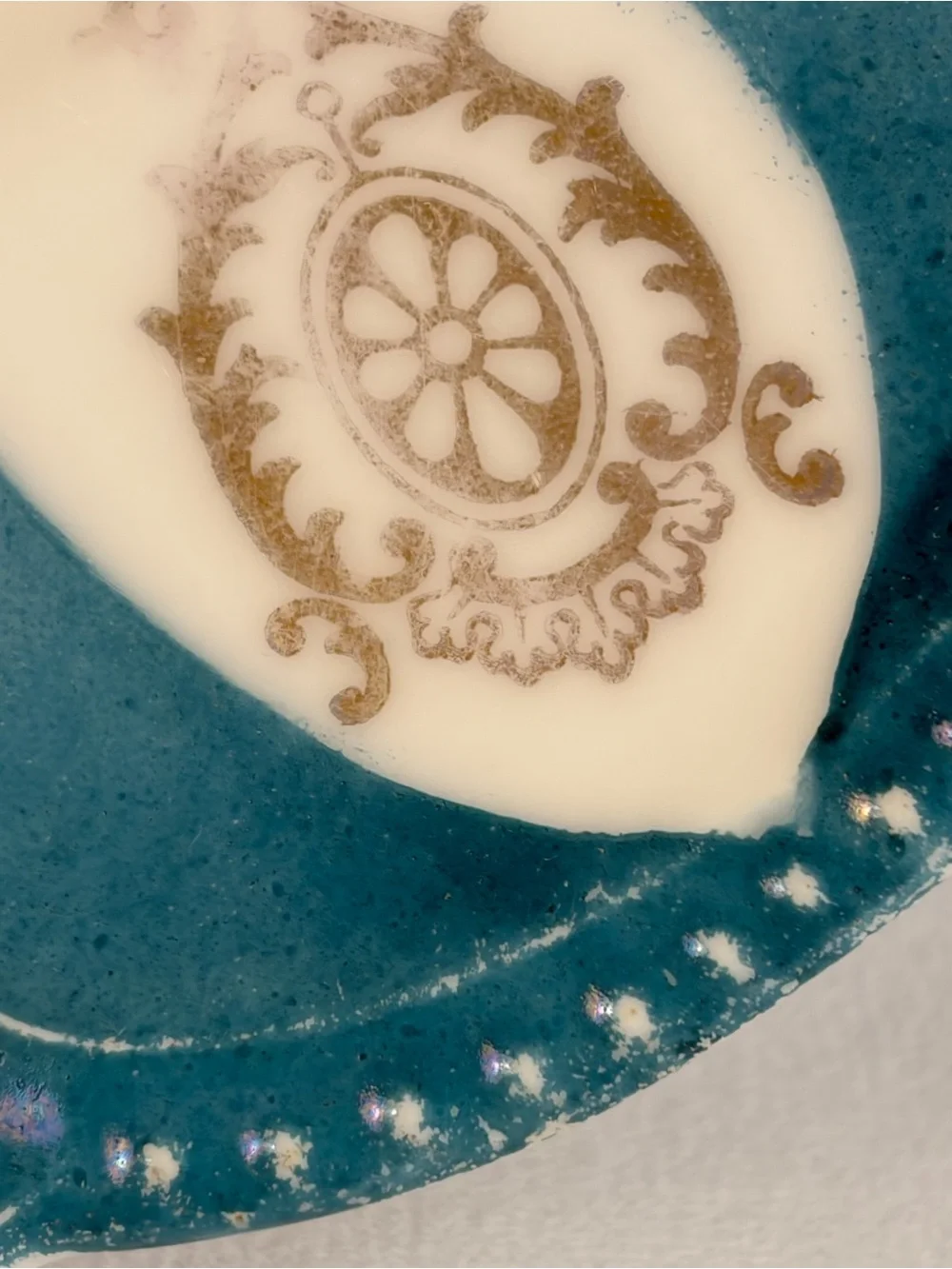 8” Porcelain Rose Plate Teal Blue Gold Scalloped Beaded Rim
